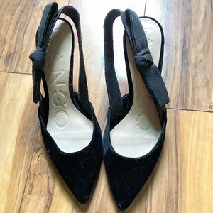 Black velvet sling back kitten heels